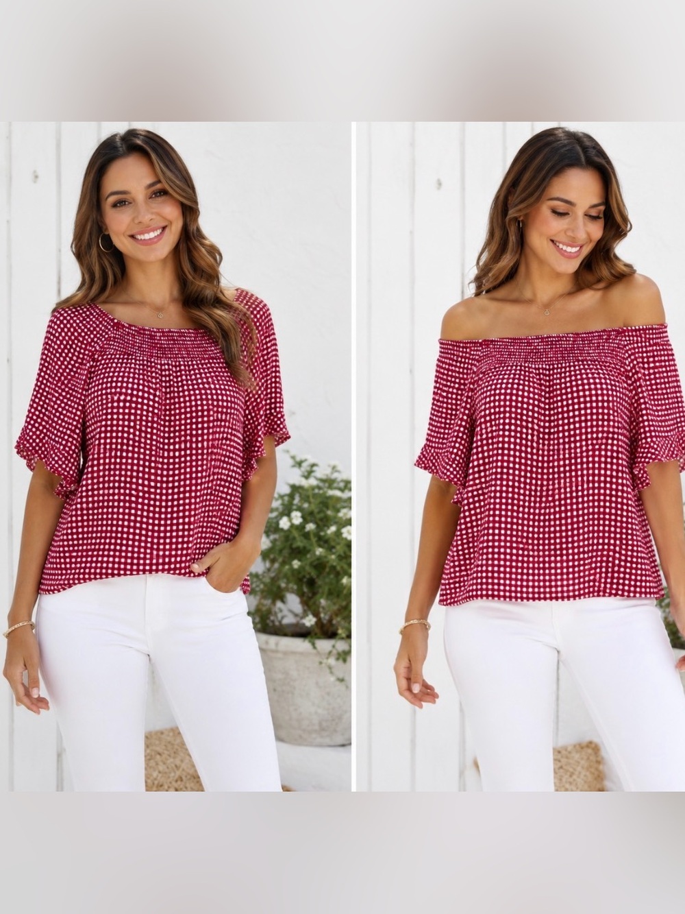 Bobeau Red Gingham Smocked Square-Neck or Off Shoulder Top Size Medium